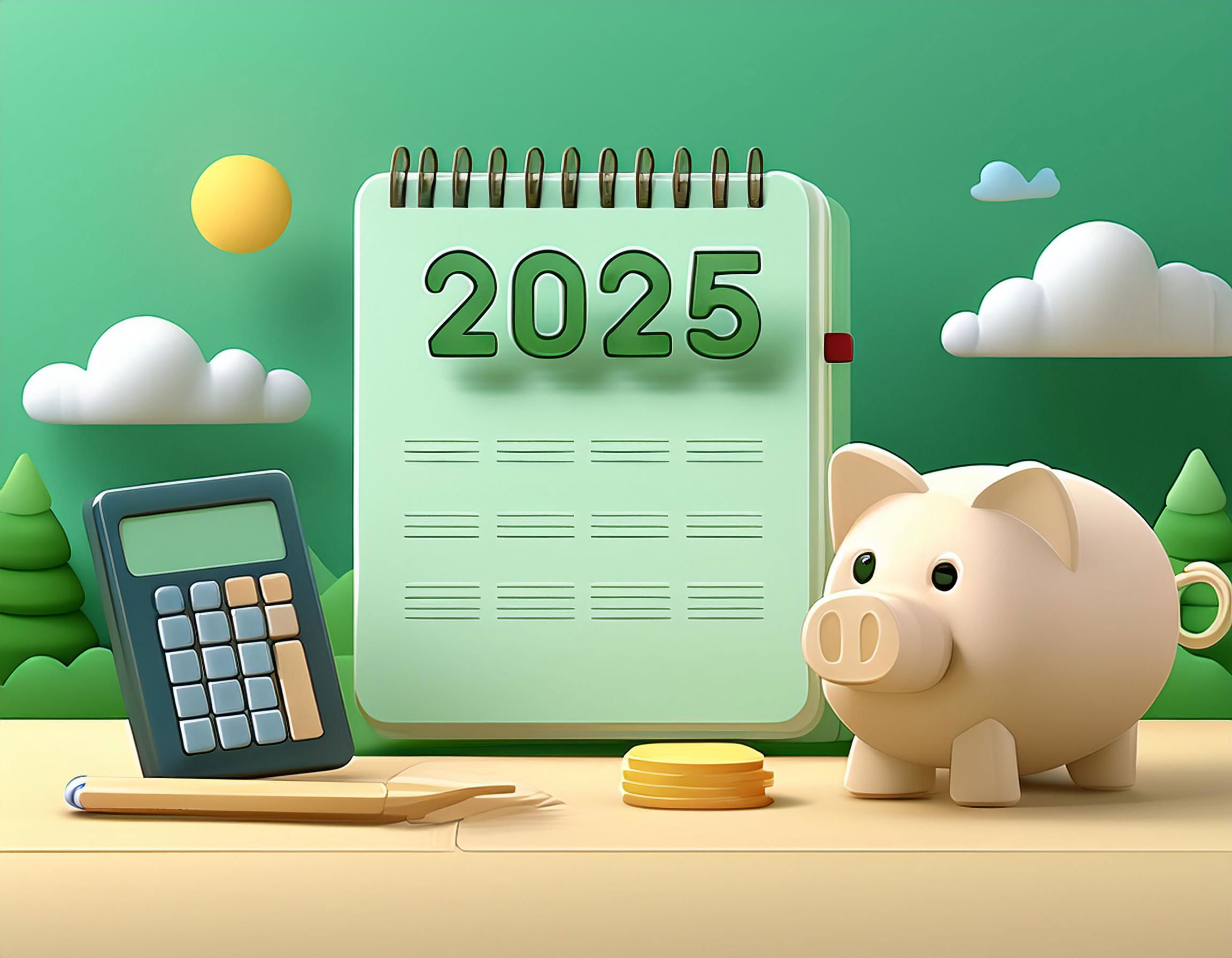 Illustration of a desk with a 2025 calendar, a piggy bank, a calculator, a stack of coins, and a pen, set against a bright, minimalist outdoor background with trees, clouds, and the sun.